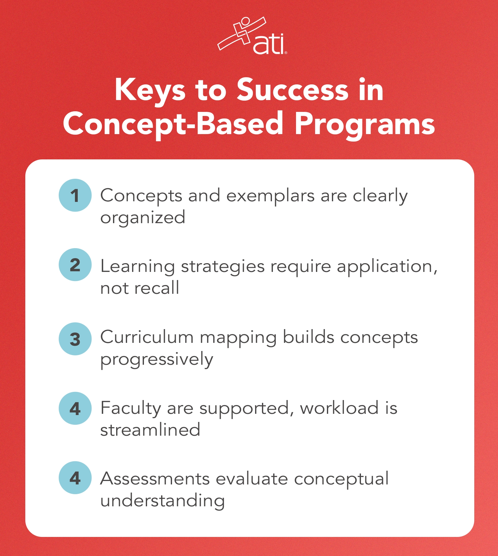 Keys to success in concept-based programs include clear organization of concepts and exemplars