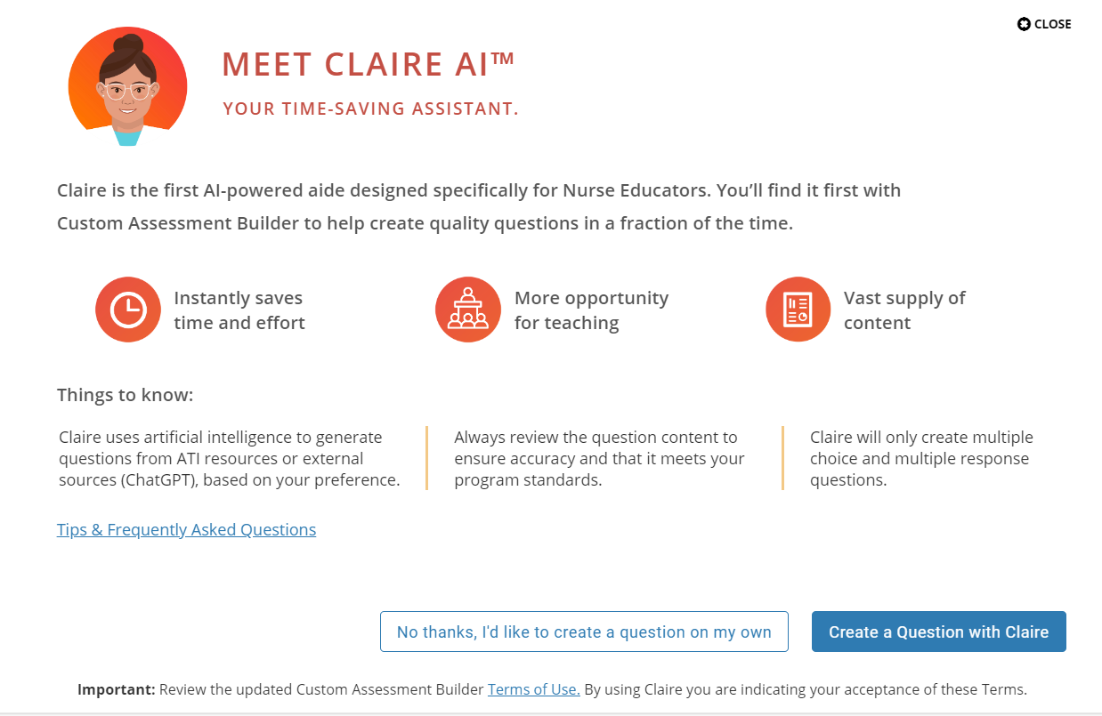 Custom Assessment Builder seamlessly incorporates Claire AI® to assist faculty