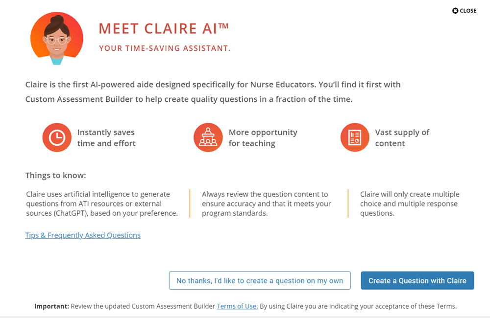 Custom Assessment Builder seamlessly incorporates Claire AI™️ to assist faculty