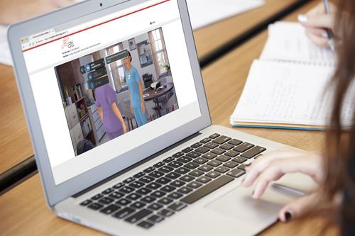 Young woman looks at computer screen.