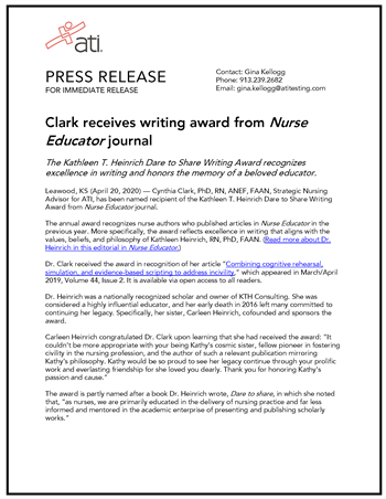 Cynthia Clark - Heinrich Award - Press Release Cynthia Clark - Heinrich Award - Press Release