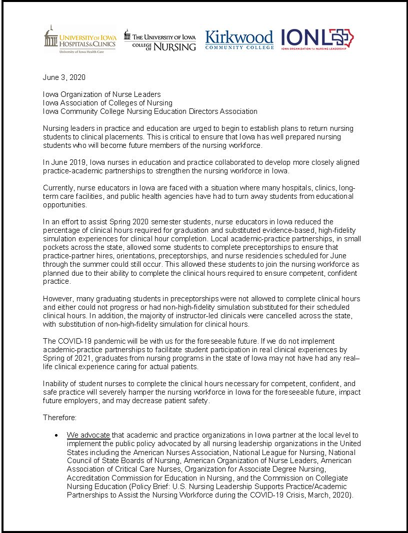 IONL UIHC UI CON KCC Clinical-Academic Partnership letter - June