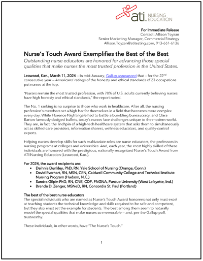 Nurses Touch Award - Press Release March 2024