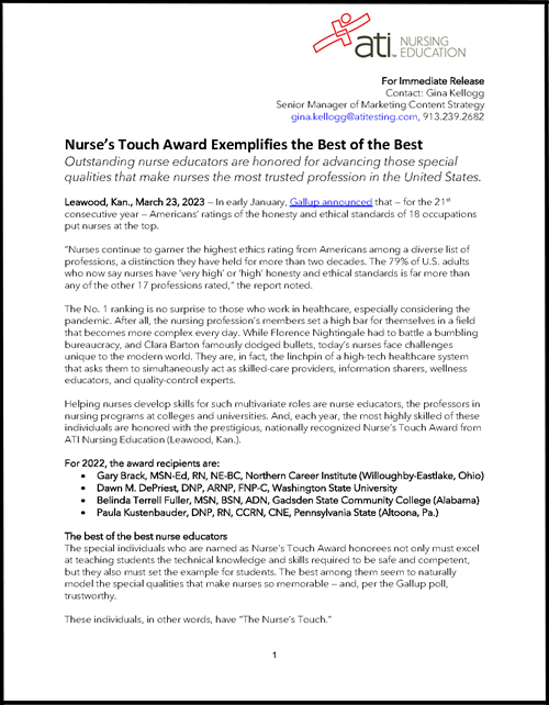 2022 Nurses Touch Award - Press Release